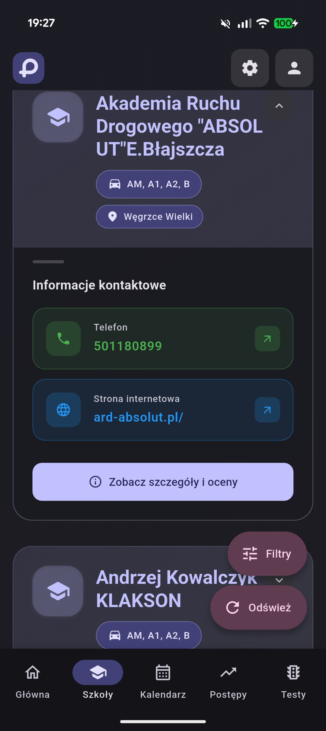 Panel analityczny Prawko Plus z postępami nauki